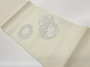 絽銀駒刺繍鏡裏に花々・葉模様開き名古屋帯（額縁仕立て）
